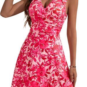 Women's Floral Sundress Sleeveless V Neck A-line Summer Dress Medium